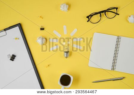 Flat Lay Financial Planning Brainstorming Messy Table Top Image With Blank Clip Board, Office Suppli
