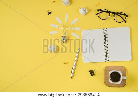 Flat Lay Financial Planning Brainstorming Messy Table Top Image With Blank Clip Board, Office Suppli