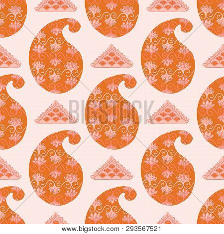 Hand Drawn Coral Paisley Motif Illustration. Seamless Vector Pattern All Over Print With Traditional