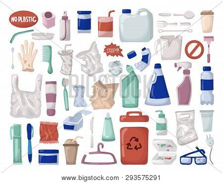 Vector Set Of Elements - Plastic Trash Or Waste, Plastic Recycling Conteiner, Separate Garbage Colle