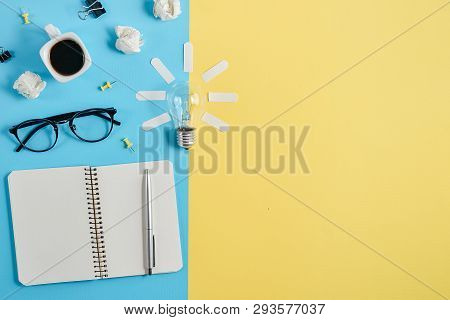 Flat Lay Financial Planning Brainstorming Messy Table Top Image With Blank Clip Board, Office Suppli