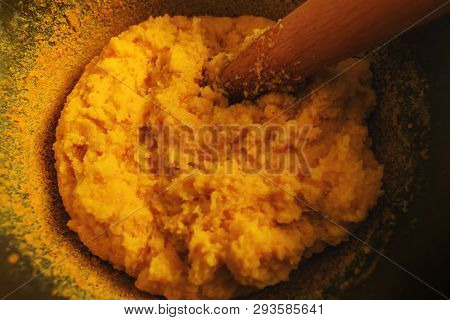 Mamaliga Or Polenta Is A Porridge Made Out Of Yellow Maize Flour, Traditional In Romania, Moldova, I