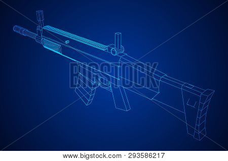 Assault Rifle, Automatic Fire Rifle Model Wireframe Low Poly Mesh Vector Illustration