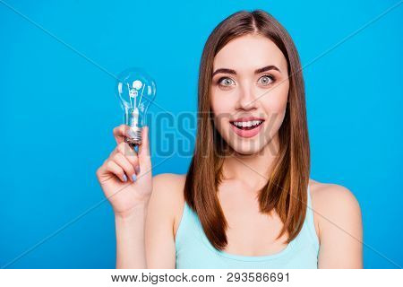 Close Up Photo Beautiful Amazing She Her Lady Hold Hands Arms Light Bulb Show Symbolize Candid Intel
