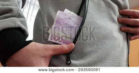 Five Hundred Euro Bills In A Pocket Of White Man Wearing Gray Old Coat