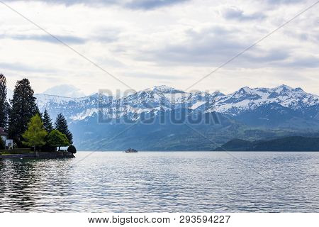 Travel Ship In Lake Thun And View Of Bernese Alps Mountain Berne, Switzerland