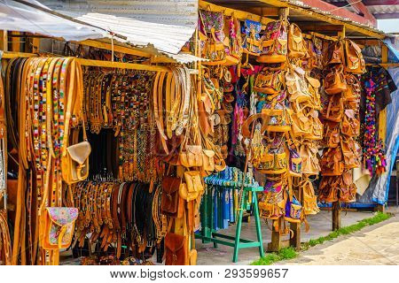 View On Indigenous Leather Handicrafts On Market In Oaxaca - Mexico
