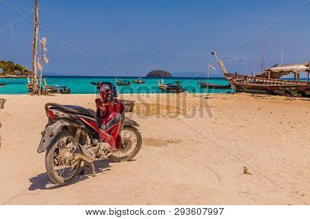 February 2019. Ko Lipe Thailand. A View Of Local Motor Bikes On The Beach In Ko Lipe In Ko Tarutao N