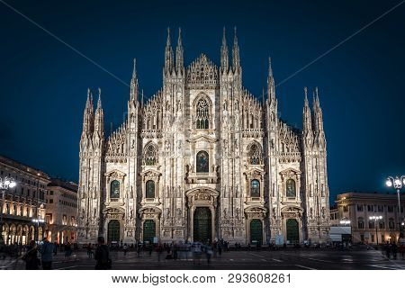 Milan Cathedral Or Duomo Di Milano At Night, Italy. It Is A Main Tourist Attraction Of The Milan Cit