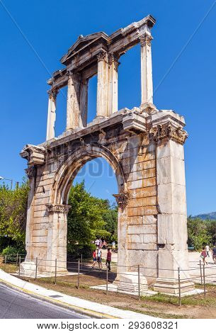 Hadrian`s Gate Or Arch Of Hadrian, Athens, Greece. It Is One Of The Main Landmarks Of Athens. Famous