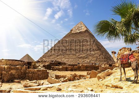 Giza Pyramids, View On The Pyramid Of Khafre In A Sunny Desert