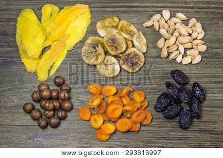 Mixed Dried Fruits. Symbols Of The Jewish Holiday Tu Bishvat. Figs, Dried Apricots, Prunes, Nuts, Al