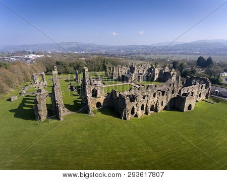 Aerial View Of The Ruins Of Neath Abbey Monastery In Skewen, Swansea, Uk