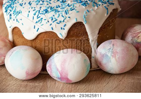 Painted Eggs. Easter Cake On Table. Easter Cake With Sprinkles On Glaze. Happy Easter. Dessert. Back