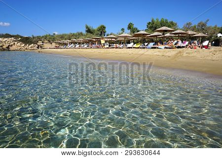 Paros, Greece, September 15 2018, An Elite Tourism Crowds Faragas Beach Due To An Unbelievable Turqu