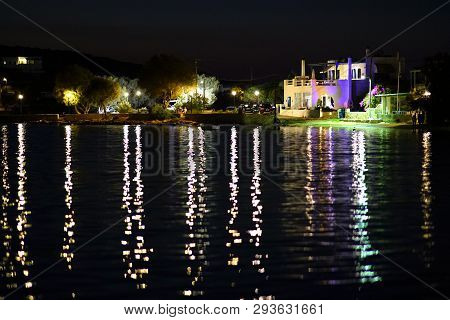 Paros, Greece, 15 September 2018 Night View In The Port Area Of Aliki, A Fishing Village In Paros In