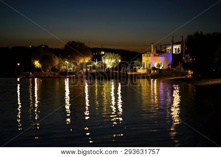 Paros, Greece, 15 September 2018 Night View In The Port Area Of Aliki, A Fishing Village In Paros In