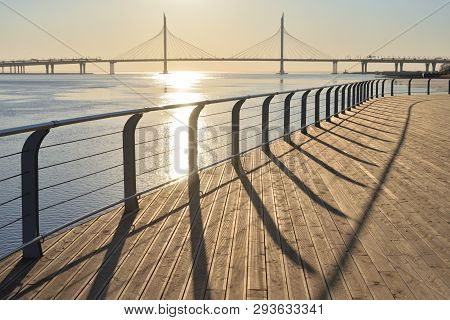 Cable Bridge Across The Petrovsky Fairway At Sunset In Saint Petersburg, Russia. Part Of The Western