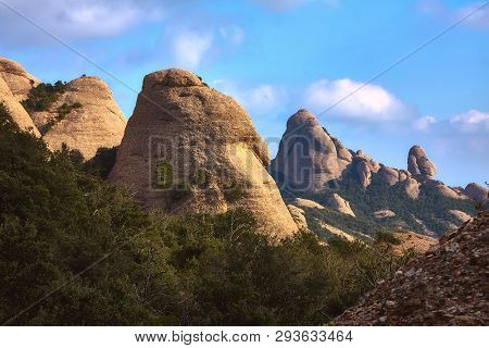 Mountains In Montserrat In Catalonia Of Spain In A Sunny Day. Very Interesting Shape Rocks.