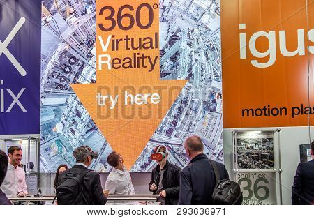 Hannover , Germany - April 02 2019 : Igus Is Presenting Their Newest Vr Innovations At The Hannover 