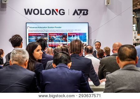 Hannover , Germany - April 02 2019 : Wolong Is Presenting The Newest Generation Of Cobots - Collabor