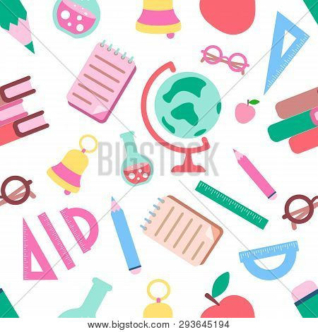 School Seamless Pattern On White. Education Theme Background In Modern Flat Style With Bright Shiny 