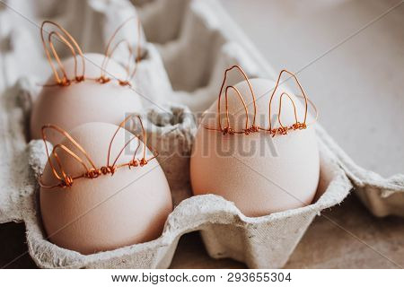 Easter Diy Egg, Made In Bunny Style. Minimal Easter Concept, Idea With Rabbit. Craft Hipster Holiday