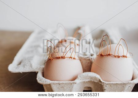 Easter Diy Egg, Made In Bunny Style. Minimal Easter Concept, Idea With Rabbit. Craft Hipster Holiday