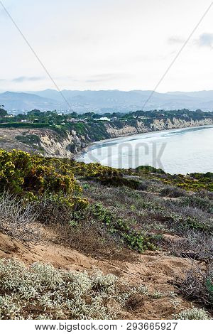 Ciff View Of Bay With Distant Mountains And Plants