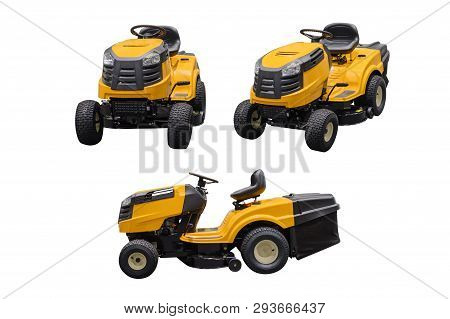 Yellow Motorized Lawn Mower Isolated On White Background
