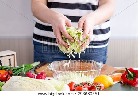 Woman Hands Adding Vegetables To Dishes