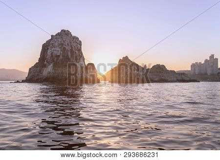 View From The Sea At Sunset On Oryukdo And Other Islands In Busan
