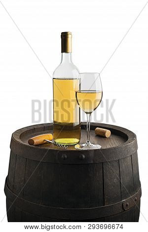 Glass And Bottle Of White Wine On Wooden Barrel Background Isolated On White