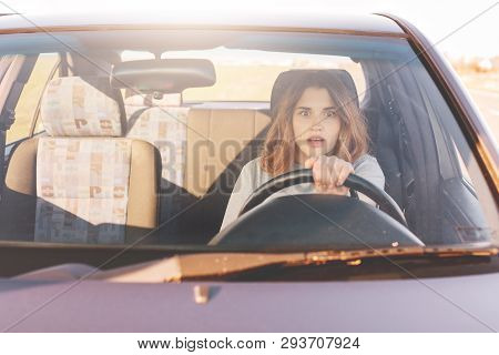 Fearful Driving Woman, Learns To Drive Automobile, Attractive Female Sits At Wheel Alone For First T