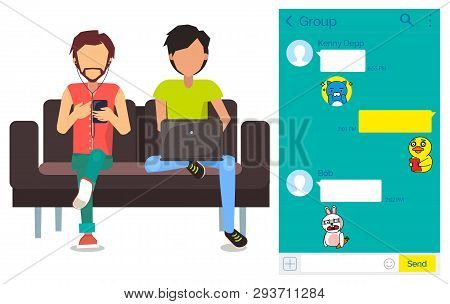 Men On Couch Using Kakao Talk Korean Messenger Vector. Chat Interface With Stickers, Guys With Smart