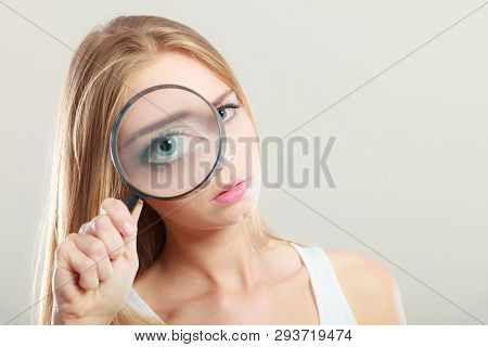 Investigation Exploration Education Concept. Closeup Woman Face, Girl Holding On Eye Magnifying Glas
