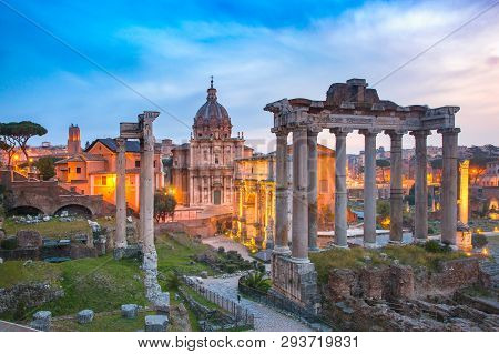 Ancient Ruins Of A Roman Forum Or Foro Romano At Sunsrise In Rome, Italy. View From Capitoline Hill