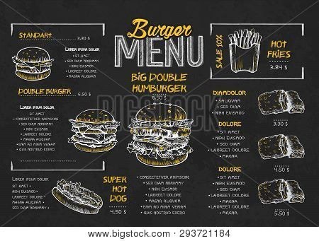 Burger Menu Poster Design On The Chalkboard Elements. Fast Food Menu Skech Style. Can Be Used For La