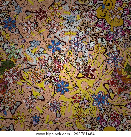 Illustration. Vector Texture. Seamless Pattern Beautiful Fabric Background. Doodles On A Black, Yell