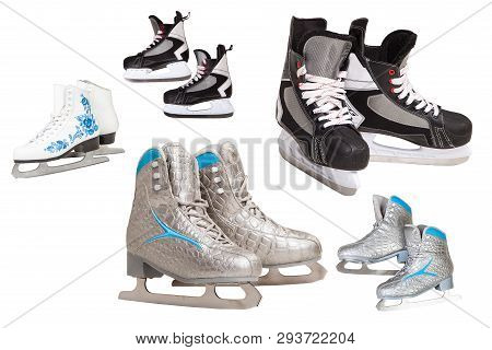 Skates For Skating On Ice, A Set Of Skates For Men And Women, Isolated On White Background