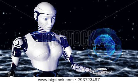 Sexy Robot Android Woman Holding A Digital Planet Earth.. Cyborg Future Technology, Artificial Intel
