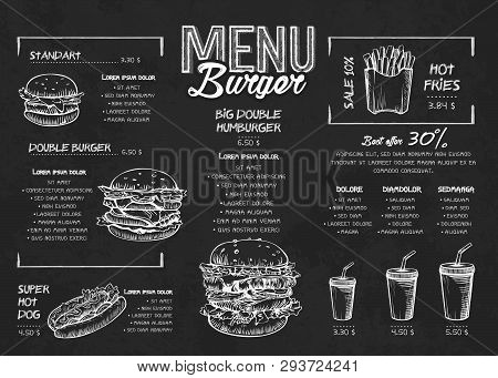 Burger Menu Poster Design On The Chalkboard Elements. Fast Food Menu Skech Style. Can Be Used For La