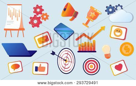Flat Vector Illustration Set From Different Items. On Blue Background Laptop, Stickers, Smartphone, 
