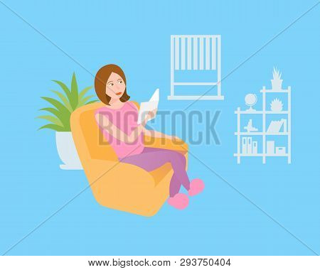 Young Woman Reading A Book. Vector Color Illustration In Flat Style On Blue Background
