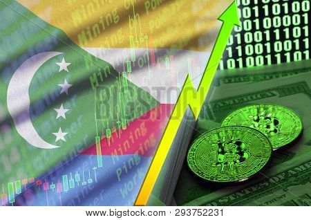 Comoros Flag And Cryptocurrency Growing Trend With Two Bitcoins On Dollar Bills And Binary Code Disp
