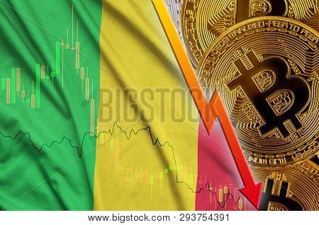 Mali Flag And Cryptocurrency Falling Trend With Many Golden Bitcoins
