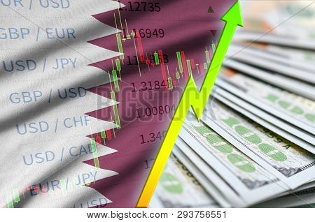 Qatar Flag And Chart Growing Us Dollar Position With A Fan Of Dollar Bills