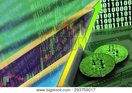 Tanzania Flag And Cryptocurrency Growing Trend With Two Bitcoins On Dollar Bills And Binary Code Dis