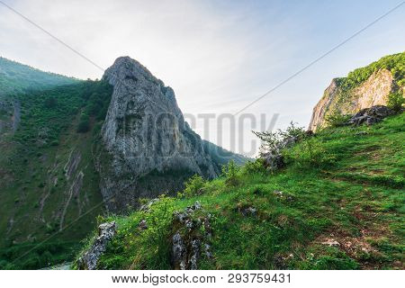 Morning In The Valisoara Gorge, Romania. Wonderful Forenoon In The Canyon. Grassy Slopes, Rocks And 