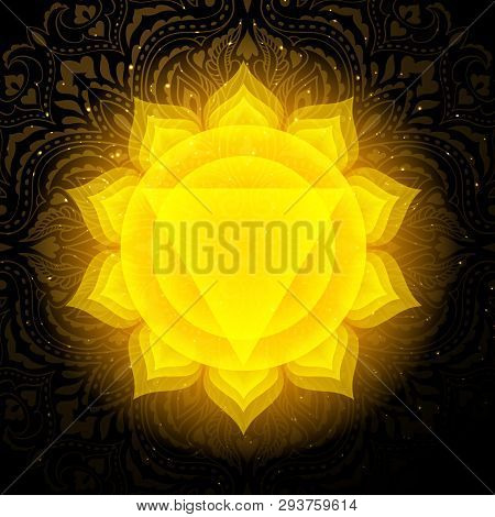 Manipura Chakra Colorful Glowing Symbol With Mandala Background. Spiritual Meditation Element Vector